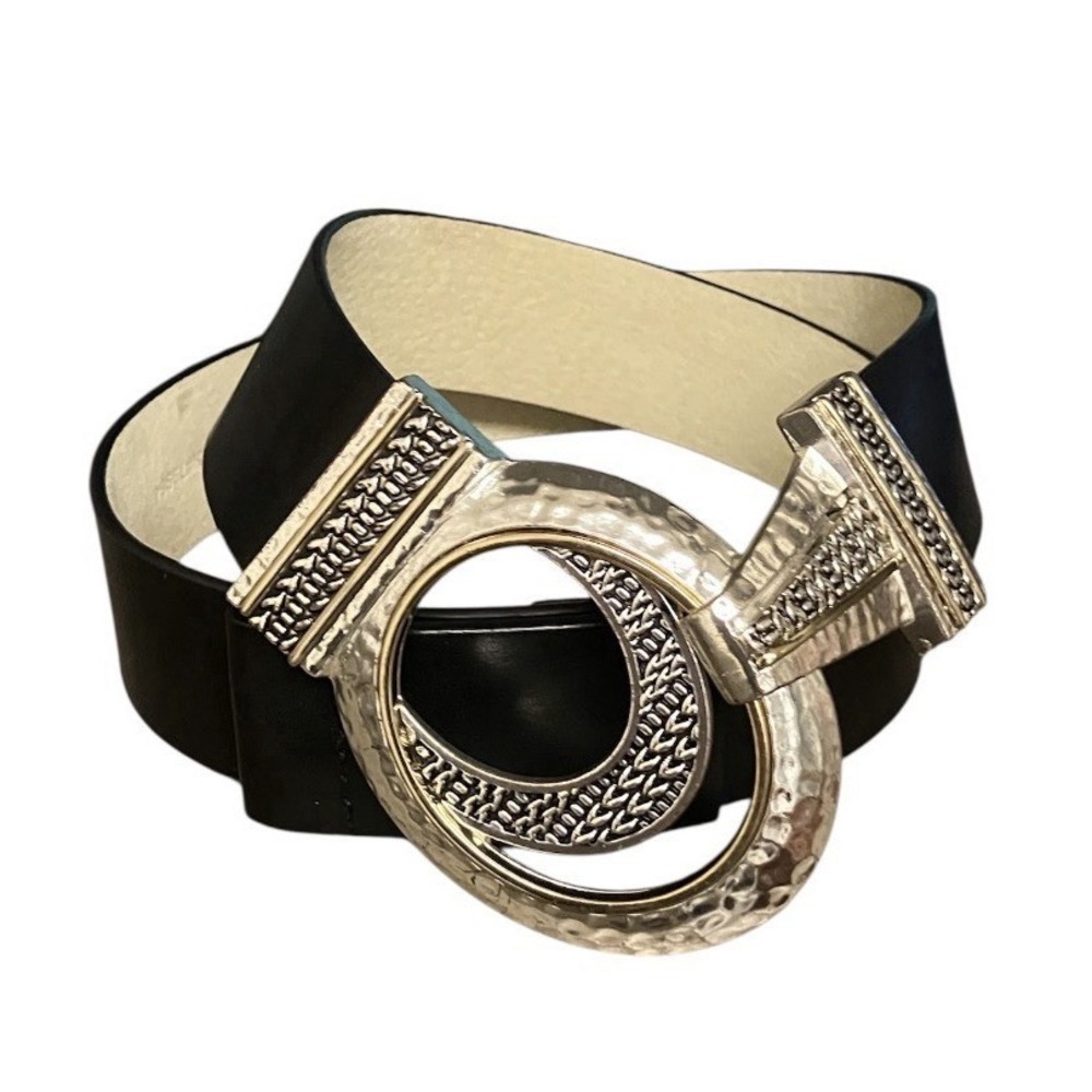 CHICOs Belt Leather Black Gold Silver Tone Hook Buckle Art To Wear Statement S/M - Picture 13 of 13